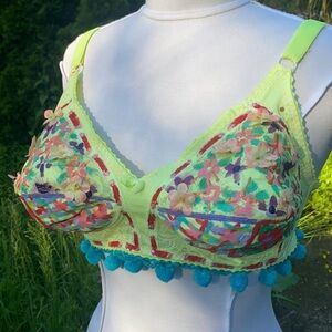 Festival Dress Up Rave Bra Top. Pointed Madonna Bra Style, Pom Poms & Paint